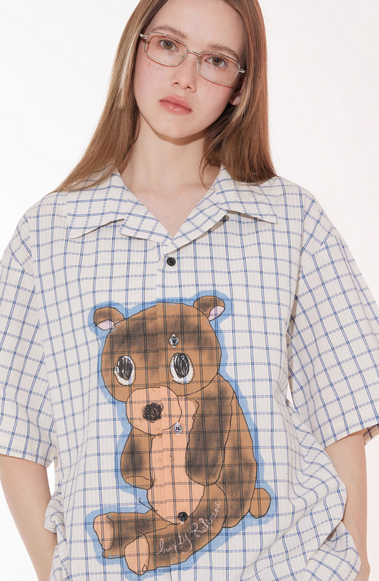 EMPTY REFERENCE Hand Painted Bear Print Plaid Short Sleeve Shirt | Face 3 Face