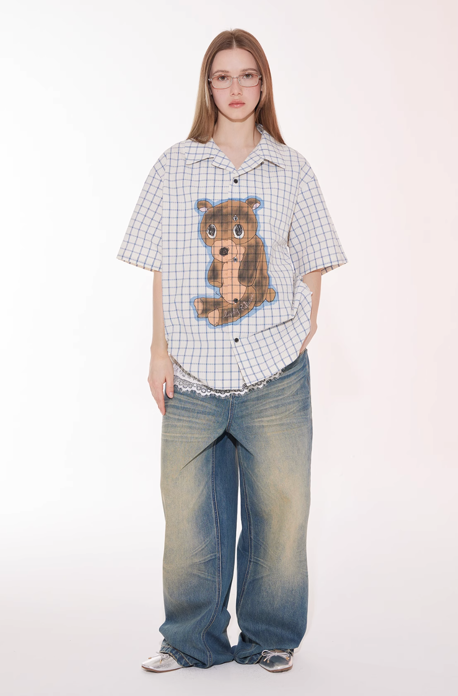EMPTY REFERENCE Hand Painted Bear Print Plaid Short Sleeve Shirt | Face 3 Face