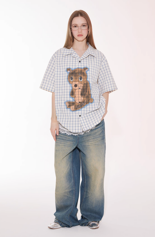 EMPTY REFERENCE Hand Painted Bear Print Plaid Short Sleeve Shirt | Face 3 Face