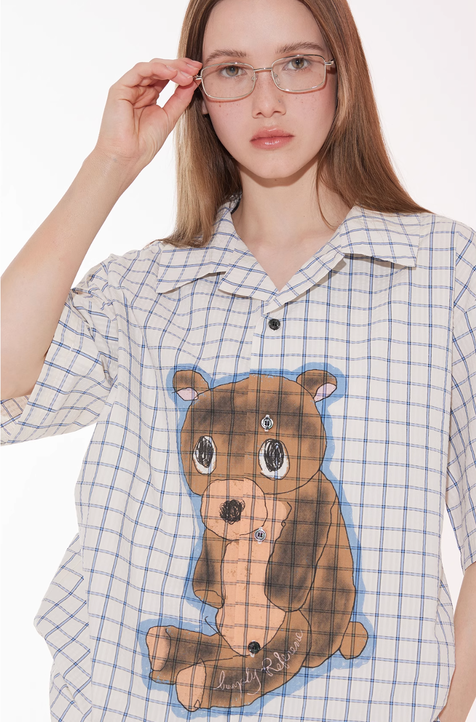 EMPTY REFERENCE Hand Painted Bear Print Plaid Short Sleeve Shirt | Face 3 Face
