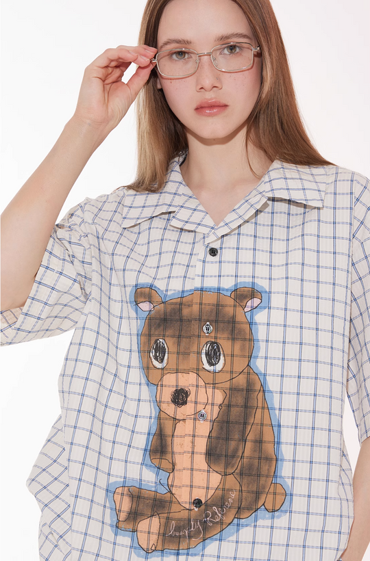 EMPTY REFERENCE Hand Painted Bear Print Plaid Short Sleeve Shirt | Face 3 Face