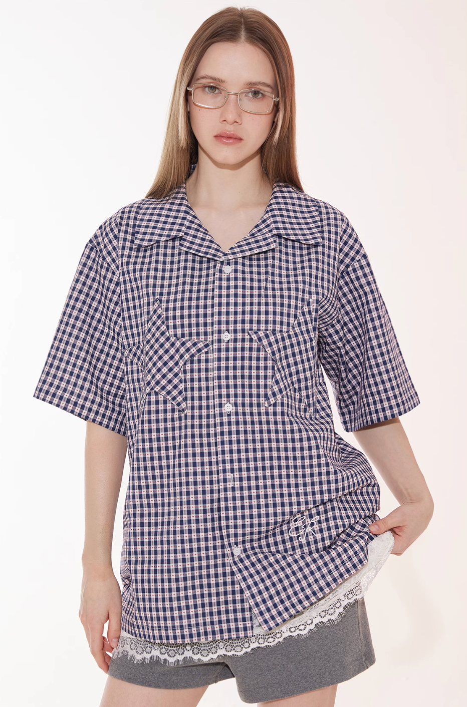 EMPTY REFERENCE Star Pocket Patchwork Plaid Short Sleeve Shirt | Face 3 Face