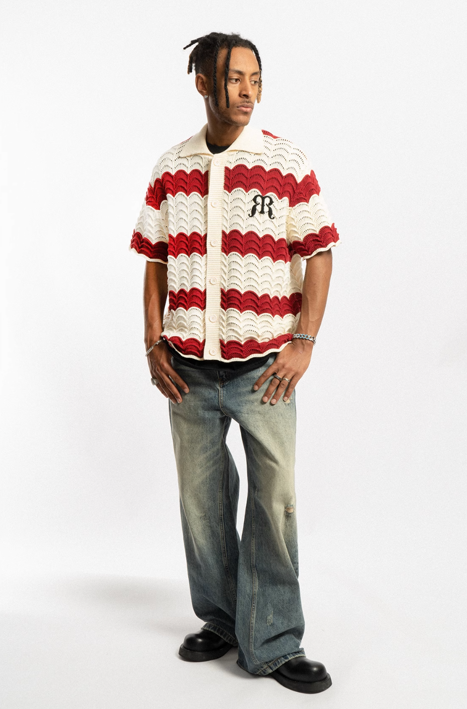 EMPTY REFERENCE Wave Colorblock Knit Short Sleeve Shirt | Face 3 Face