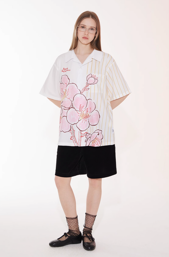 EMPTY REFERENCE Striped Floral Print Short Sleeve Shirt | Face 3 Face