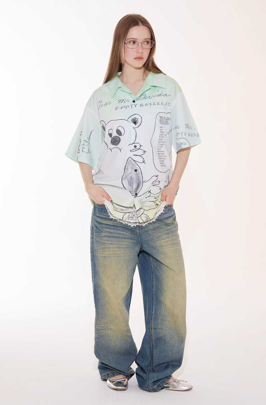 EMPTY REFERENCE Hand Painted Bear Print Gradient Short Sleeve Shirt | Face 3 Face