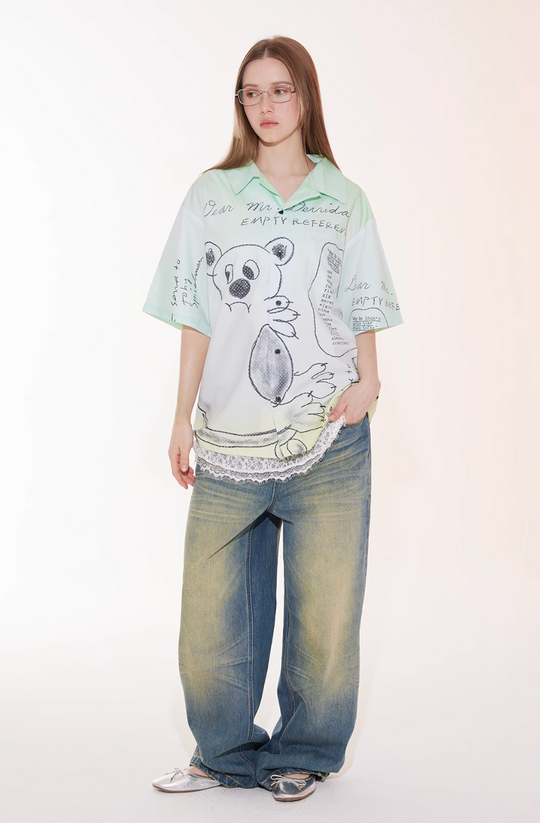 EMPTY REFERENCE Hand Painted Bear Print Gradient Short Sleeve Shirt | Face 3 Face