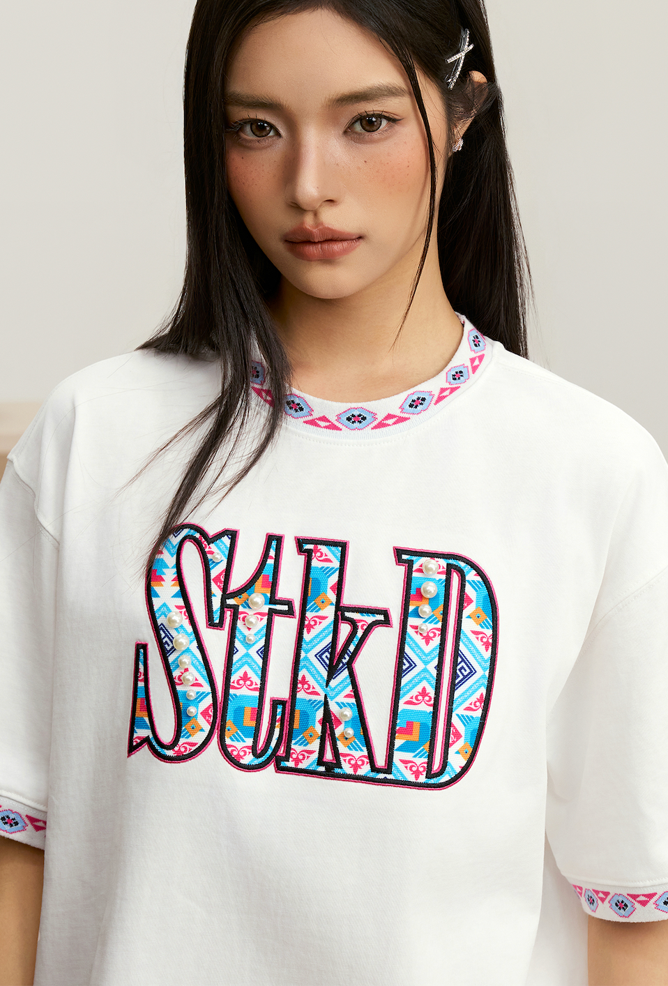 Small Town Kid STKD Embroidered Ethnic Pattern Pearl Tee | Face 3 Face