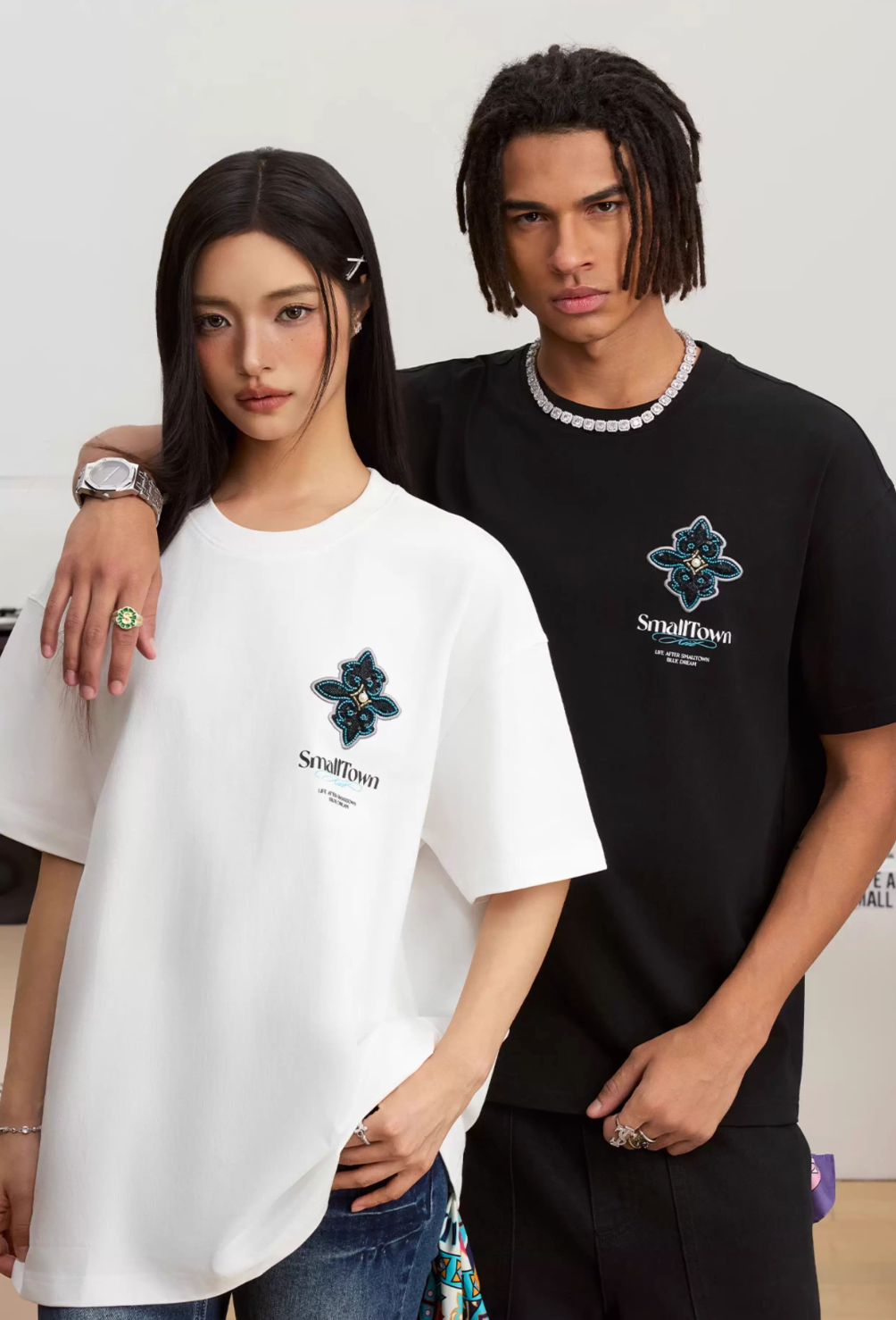 Small Town Kid Cross Pearl Sequin Beaded Embroidery Tee | Face 3 Face