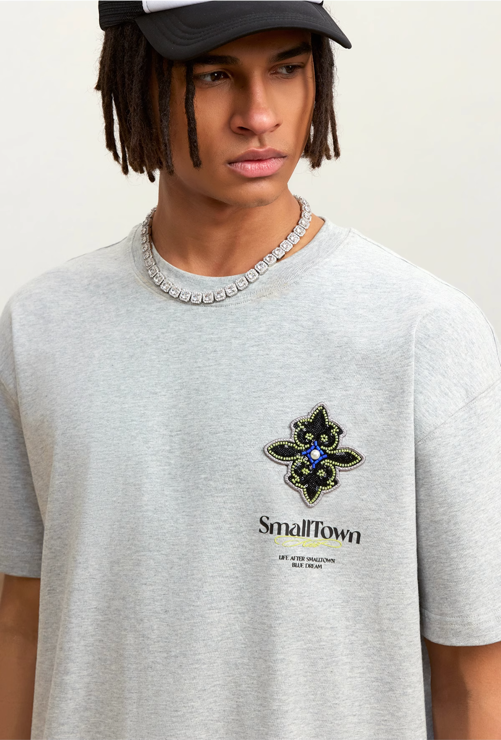 Small Town Kid Cross Pearl Sequin Beaded Embroidery Tee | Face 3 Face