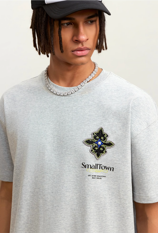 Small Town Kid Cross Pearl Sequin Beaded Embroidery Tee | Face 3 Face