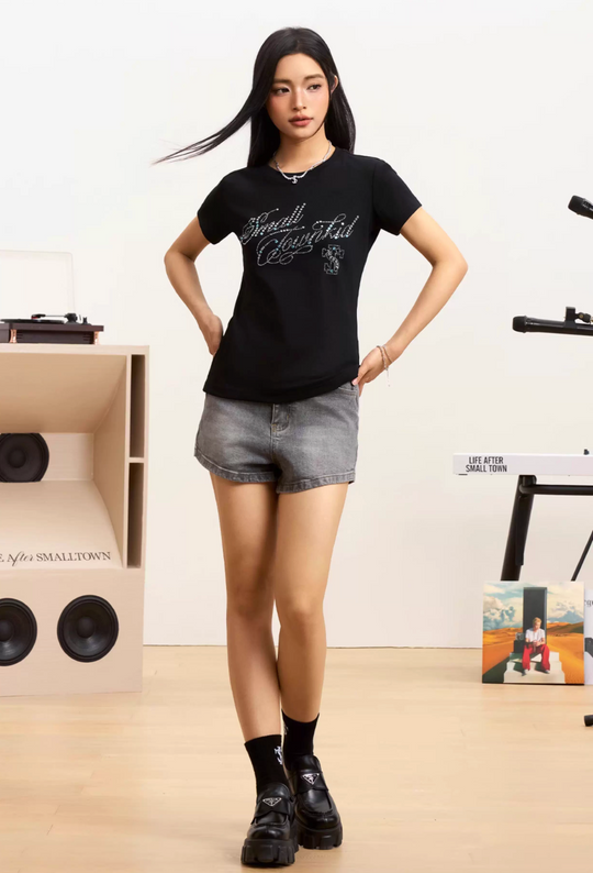 Small Town Kid Rhinestone Jewelry Lettering Slim Fit Tee | Face 3 Face