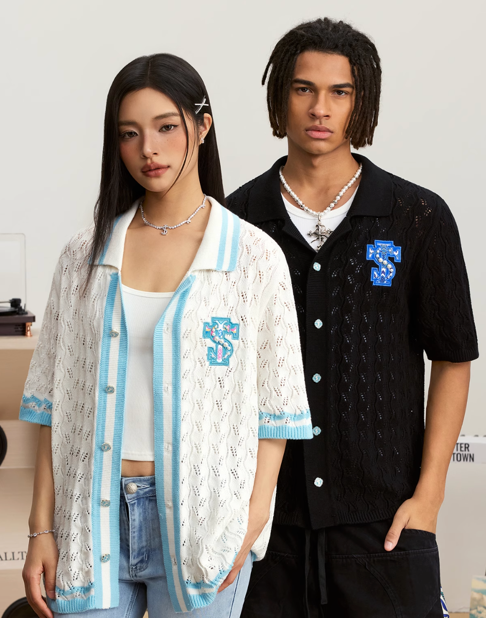 Small Town Kid Ethnic Logo Patch Crochet Knit Hawaiian Shirt | Face 3 Face