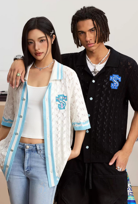 Small Town Kid Ethnic Logo Patch Crochet Knit Hawaiian Shirt | Face 3 Face