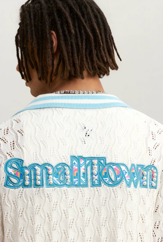 Small Town Kid Ethnic Logo Patch Crochet Knit Hawaiian Shirt | Face 3 Face