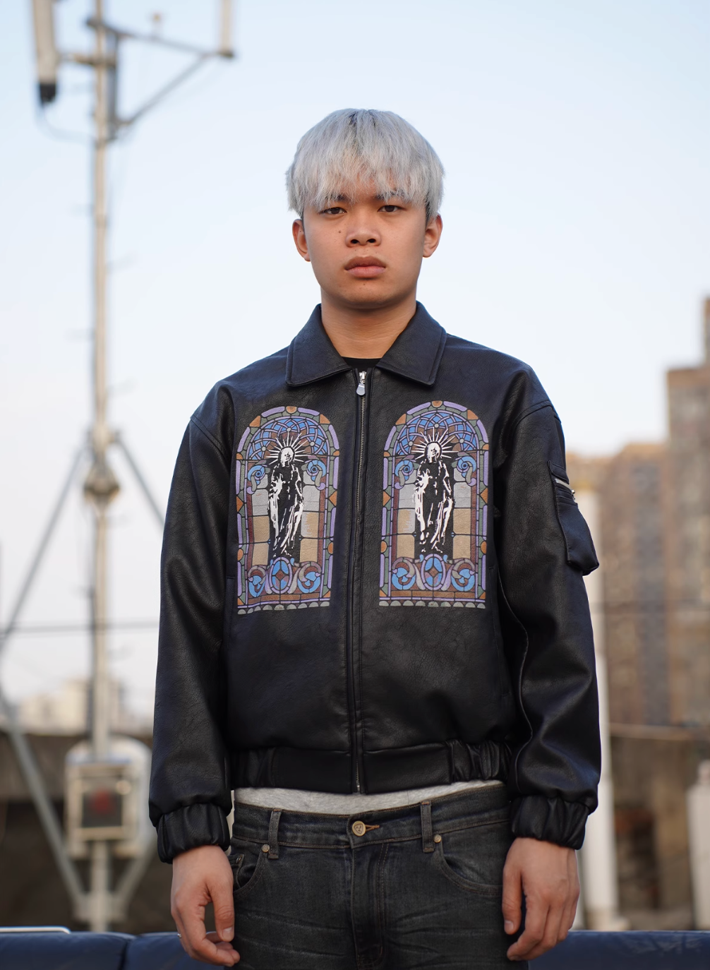 TGFCLUB Embroidered Printed PU Leather Jacket | Face 3 Face