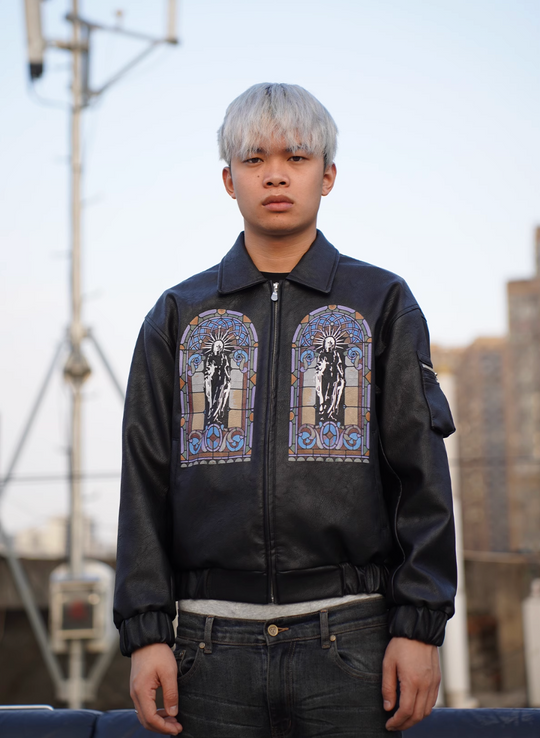 TGFCLUB Embroidered Printed PU Leather Jacket | Face 3 Face