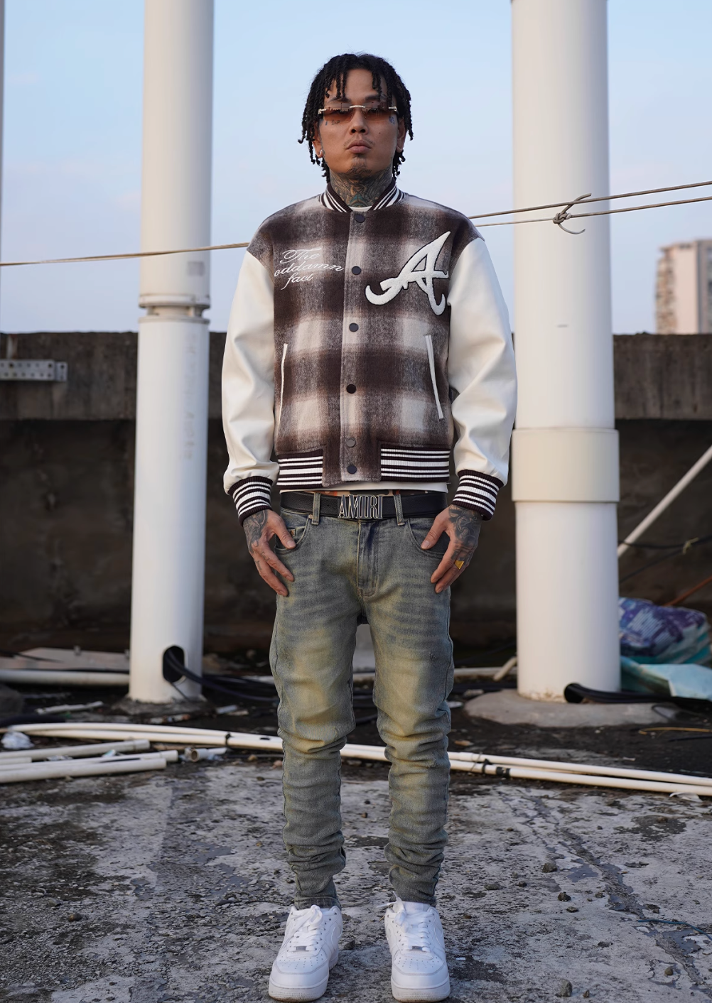 TGFCLUB Embroidered Plaid PU Leather Varsity Jacket | Face 3 Face