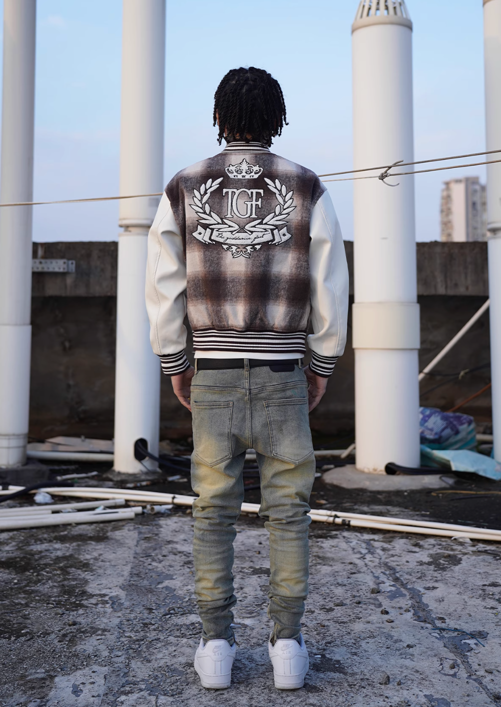 TGFCLUB Embroidered Plaid PU Leather Varsity Jacket | Face 3 Face