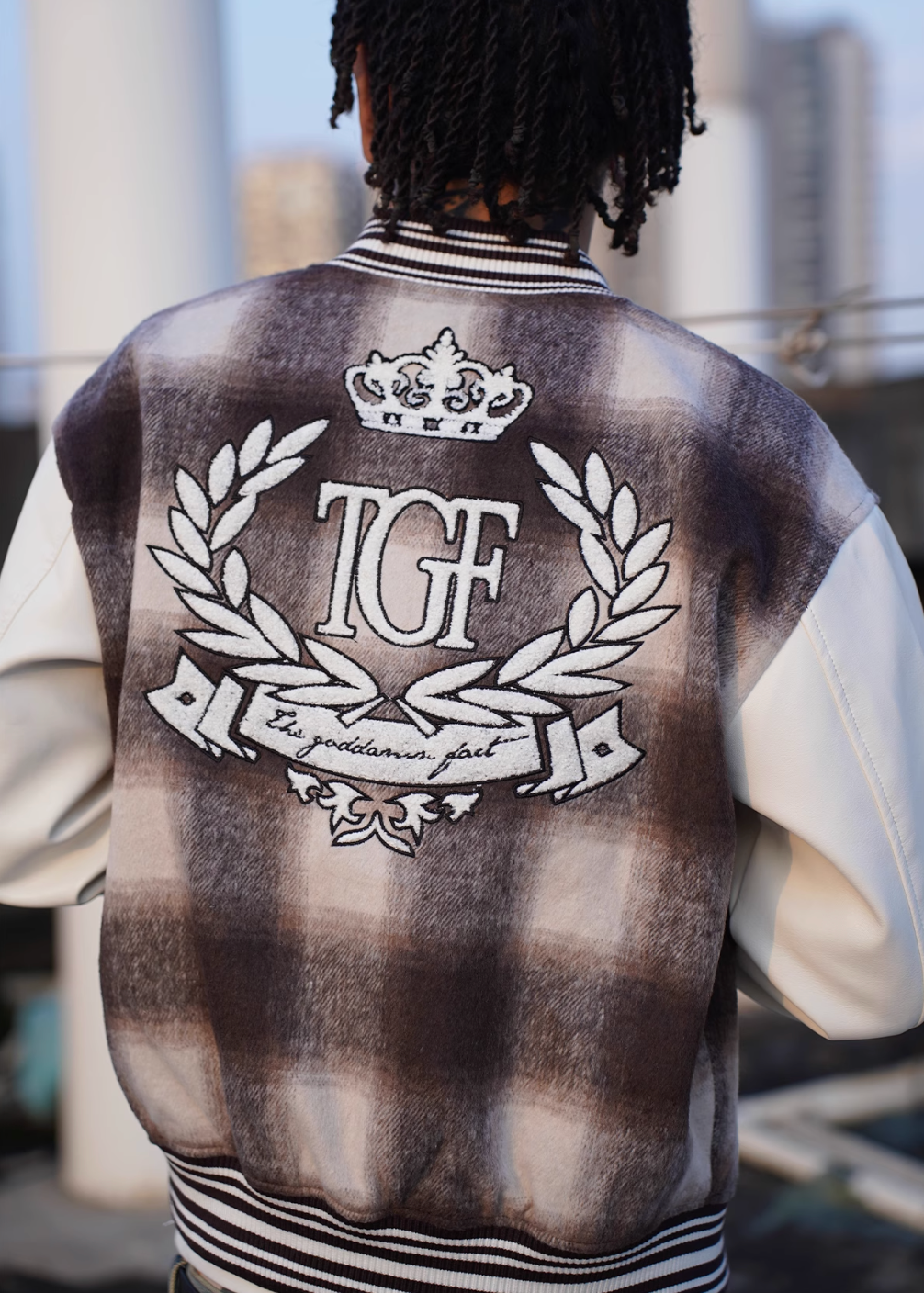 TGFCLUB Embroidered Plaid PU Leather Varsity Jacket | Face 3 Face