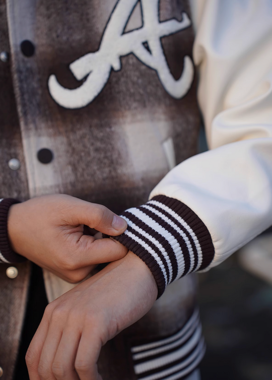 TGFCLUB Embroidered Plaid PU Leather Varsity Jacket | Face 3 Face