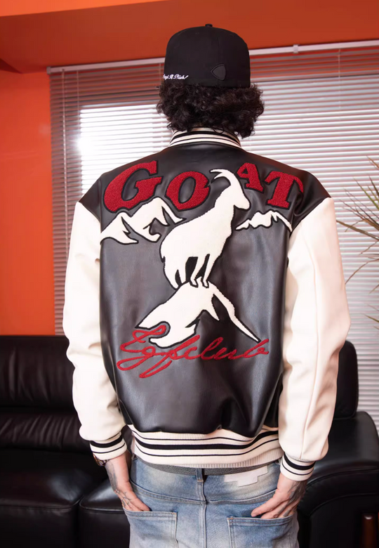 TGFCLUB Goat Embroidered PU Leather Varsity Jacket | Face 3 Face