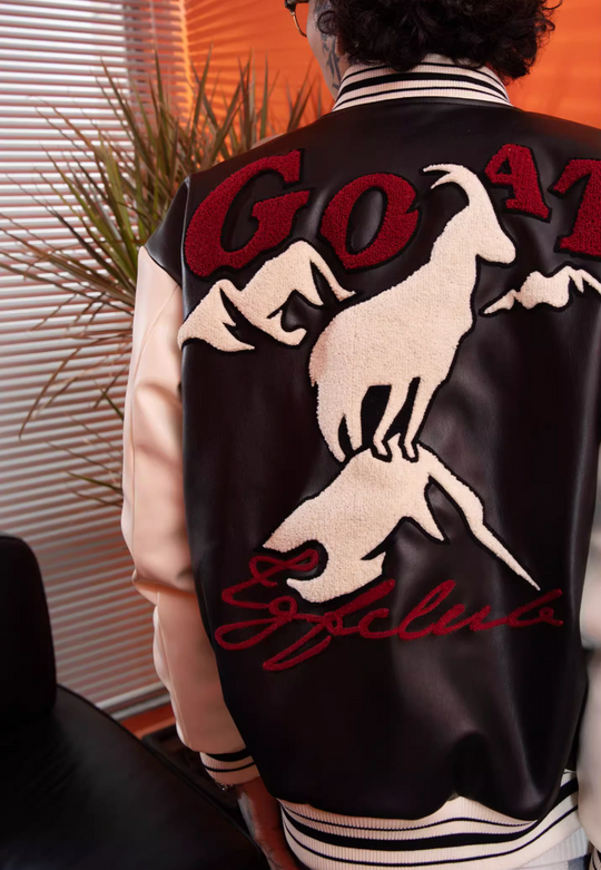 TGFCLUB Goat Embroidered PU Leather Varsity Jacket | Face 3 Face