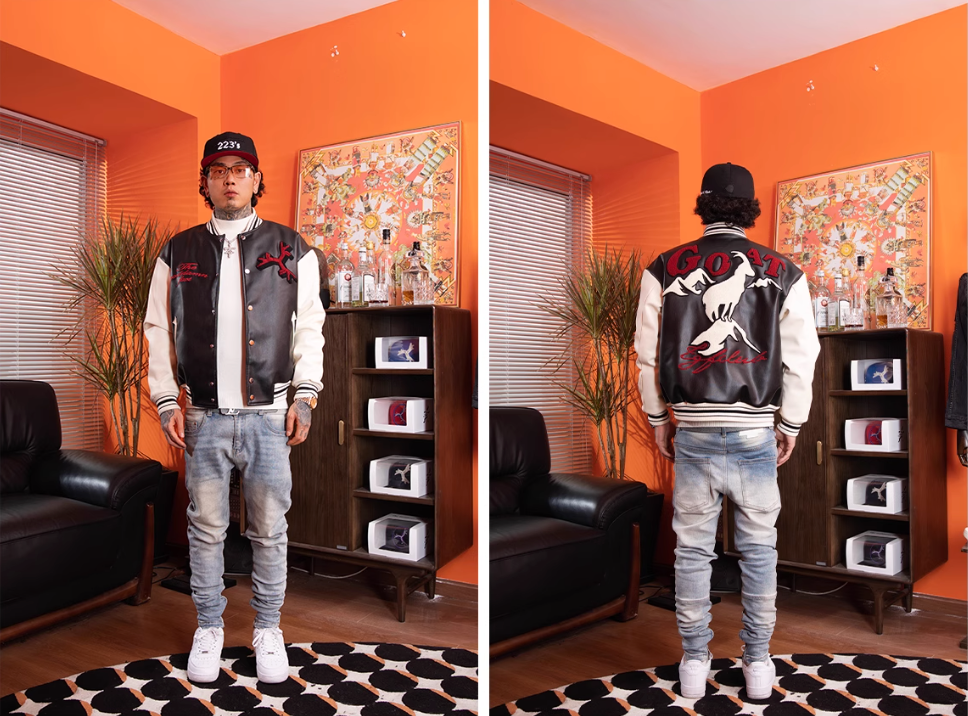 TGFCLUB Goat Embroidered PU Leather Varsity Jacket | Face 3 Face
