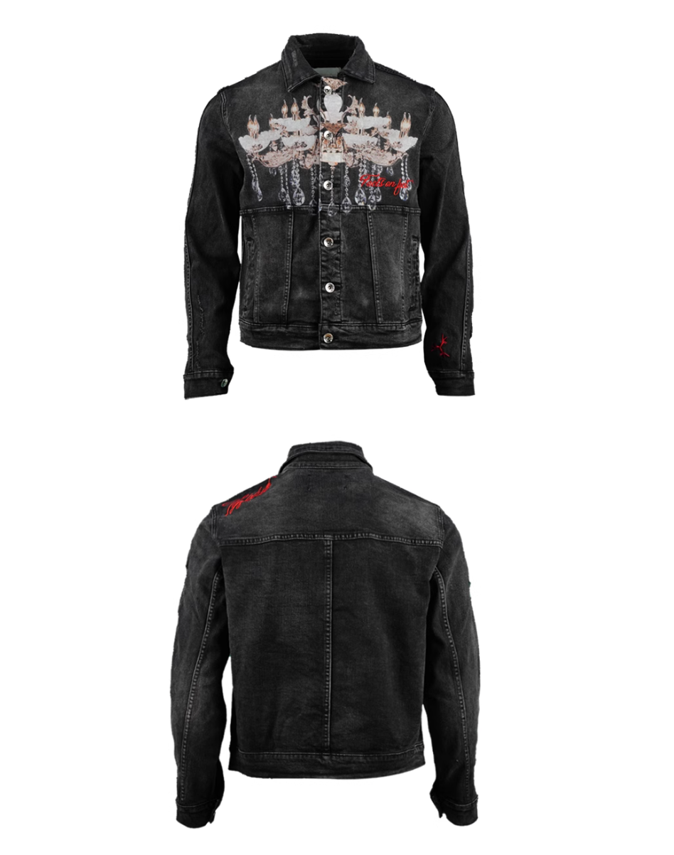 TGFCLUB Chandelier Digital Print Washed Slim Denim Jacket | Face 3 Face