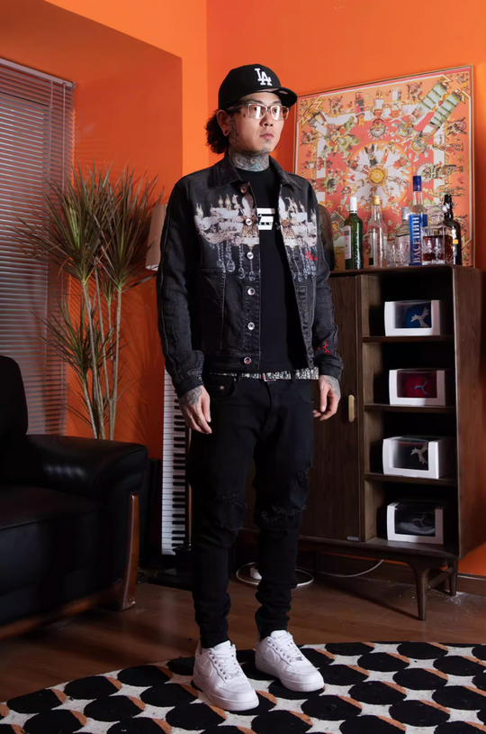 TGFCLUB Chandelier Digital Print Washed Slim Denim Jacket | Face 3 Face