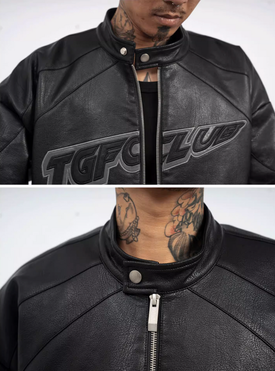 TGFCLUB Logo Embroidered Racing Leather Jacket | Face 3 Face