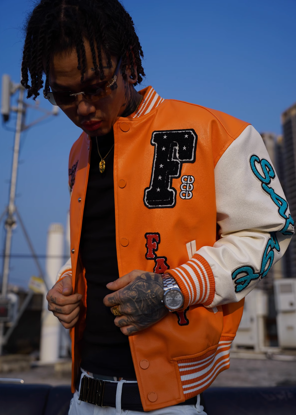 TGFCLUB Trophy Embroidered Colorblock PU Leather Varsity Jacket | Face 3 Face