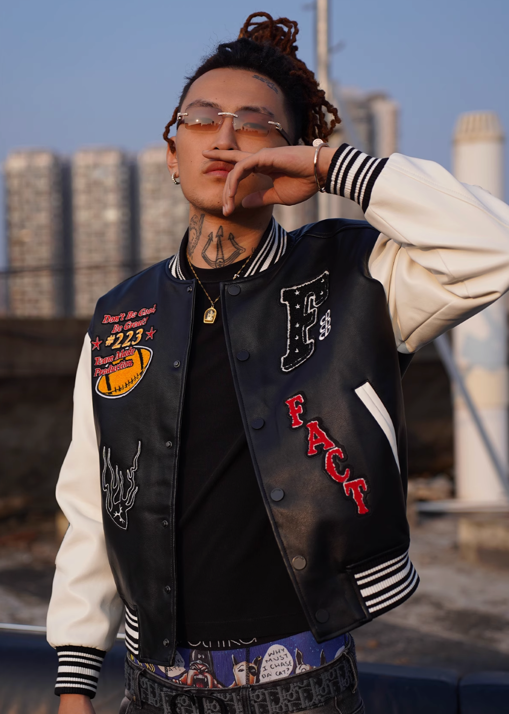 TGFCLUB Trophy Embroidered Colorblock PU Leather Varsity Jacket | Face 3 Face