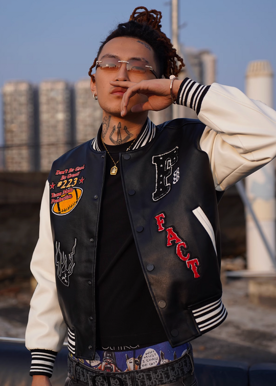TGFCLUB Trophy Embroidered Colorblock PU Leather Varsity Jacket | Face 3 Face