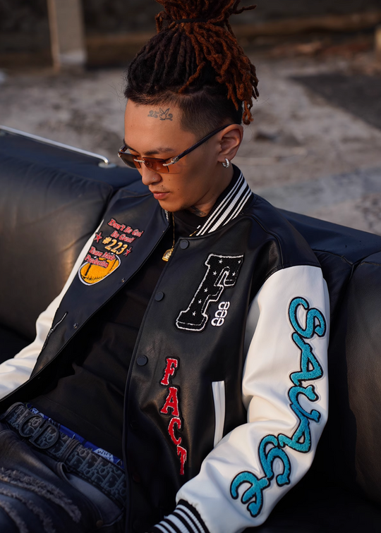 TGFCLUB Trophy Embroidered Colorblock PU Leather Varsity Jacket | Face 3 Face