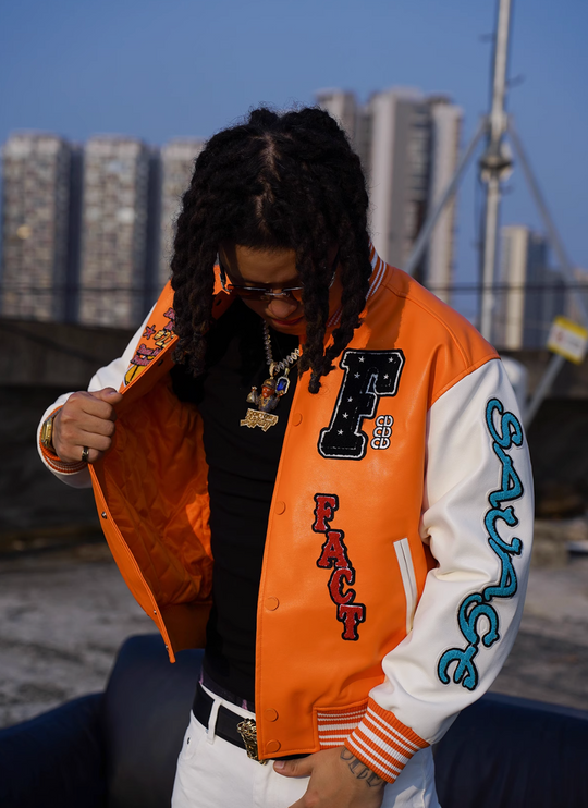 TGFCLUB Trophy Embroidered Colorblock PU Leather Varsity Jacket | Face 3 Face