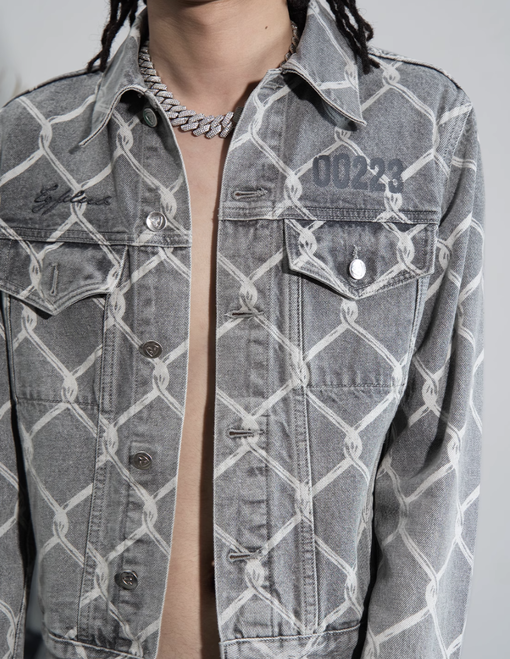 TGFCLUB Chain Link Full Print Washed Slim Denim Jacket | Face 3 Face