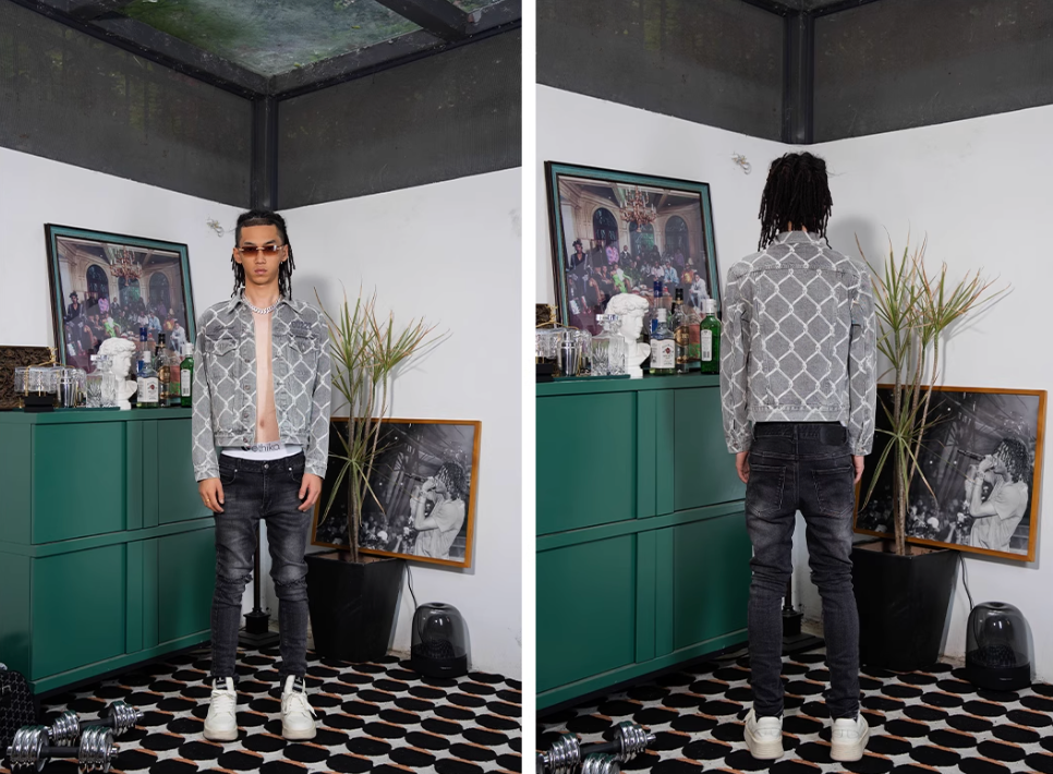 TGFCLUB Chain Link Full Print Washed Slim Denim Jacket | Face 3 Face