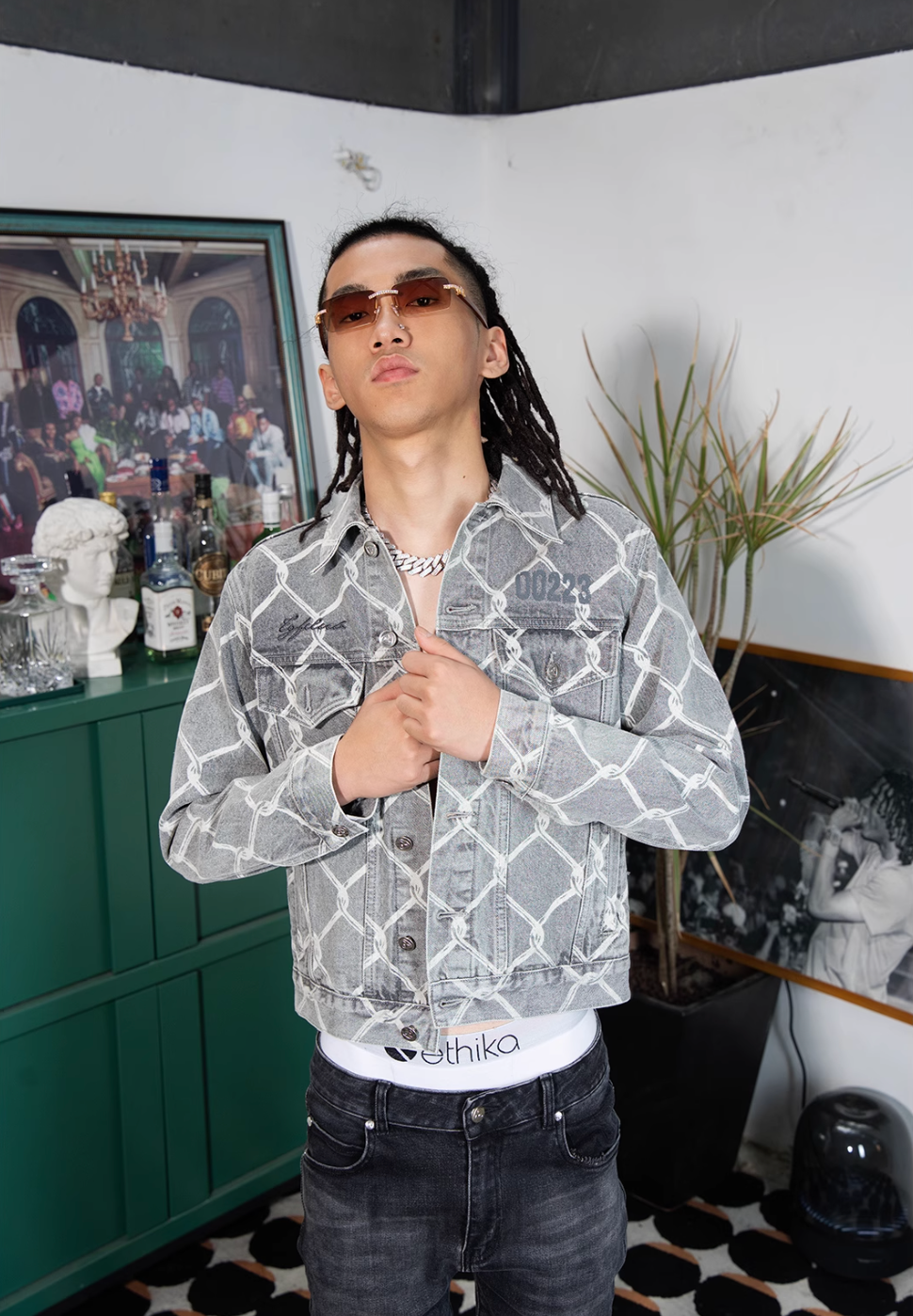 TGFCLUB Chain Link Full Print Washed Slim Denim Jacket | Face 3 Face