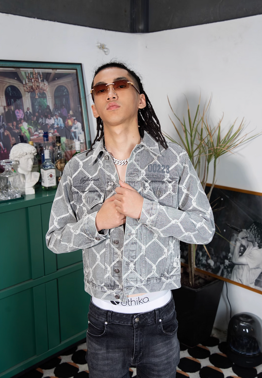 TGFCLUB Chain Link Full Print Washed Slim Denim Jacket | Face 3 Face