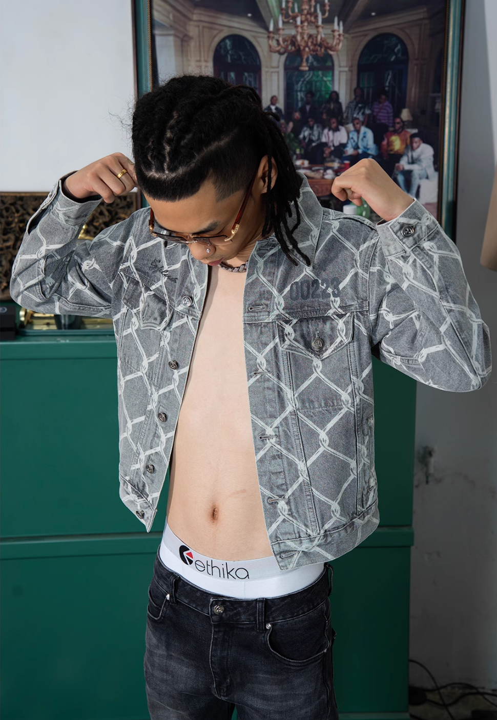 TGFCLUB Chain Link Full Print Washed Slim Denim Jacket | Face 3 Face