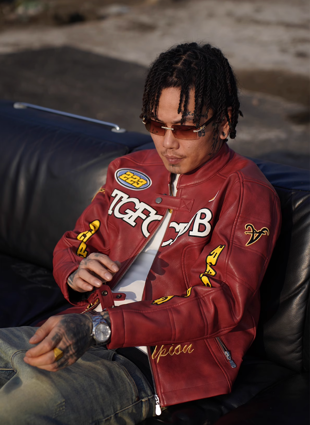 TGFCLUB Heavy Embroidery Racing Leather Jacket | Face 3 Face