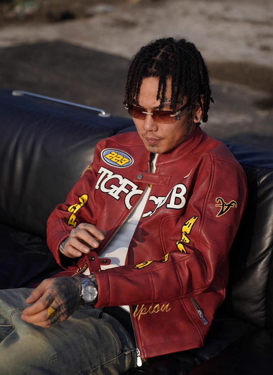 TGFCLUB Heavy Embroidery Racing Leather Jacket | Face 3 Face