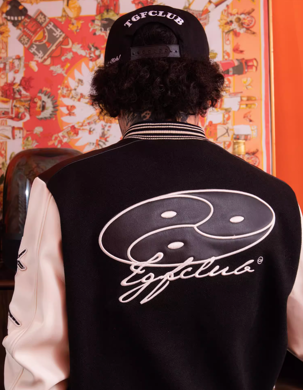 TGFCLUB Embroidery Patchwork PU Leather Varsity Jacket | Face 3 Face