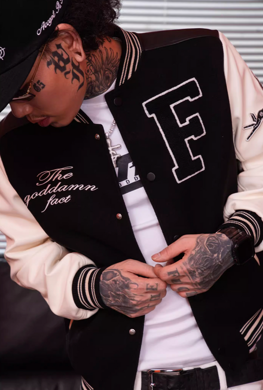 TGFCLUB Embroidery Patchwork PU Leather Varsity Jacket | Face 3 Face