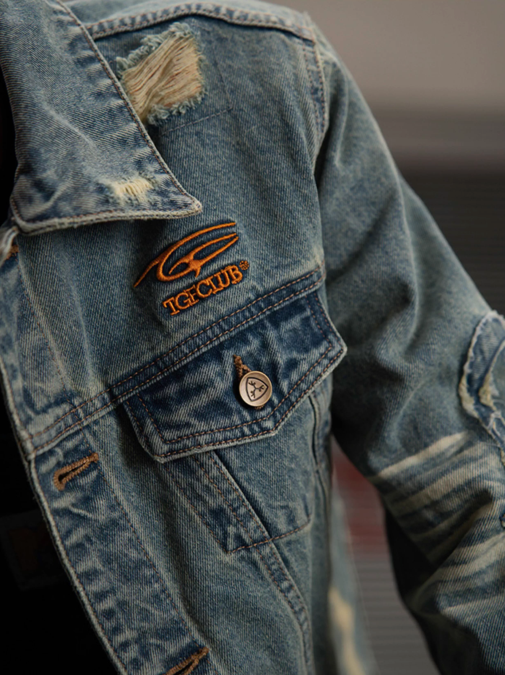 TGFCLUB Washed Hole Patch Embroidered Denim Jacket | Face 3 Face