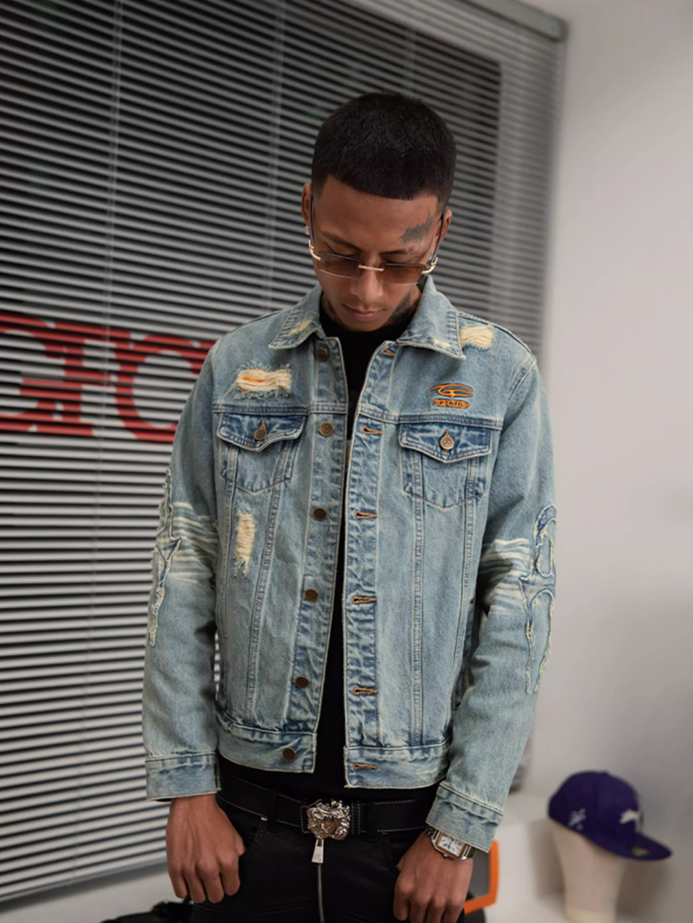 TGFCLUB Washed Hole Patch Embroidered Denim Jacket | Face 3 Face