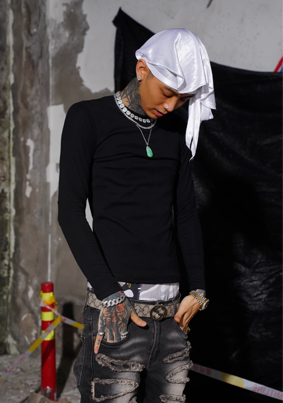 TGFCLUB 223 Neck Embroidered Stretch Slim Long Sleeve Tee | Face 3 Face