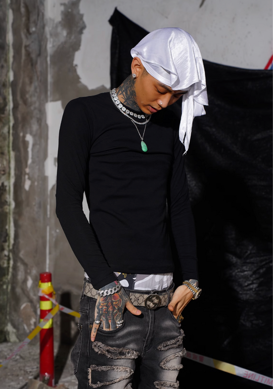 TGFCLUB 223 Neck Embroidered Stretch Slim Long Sleeve Tee | Face 3 Face