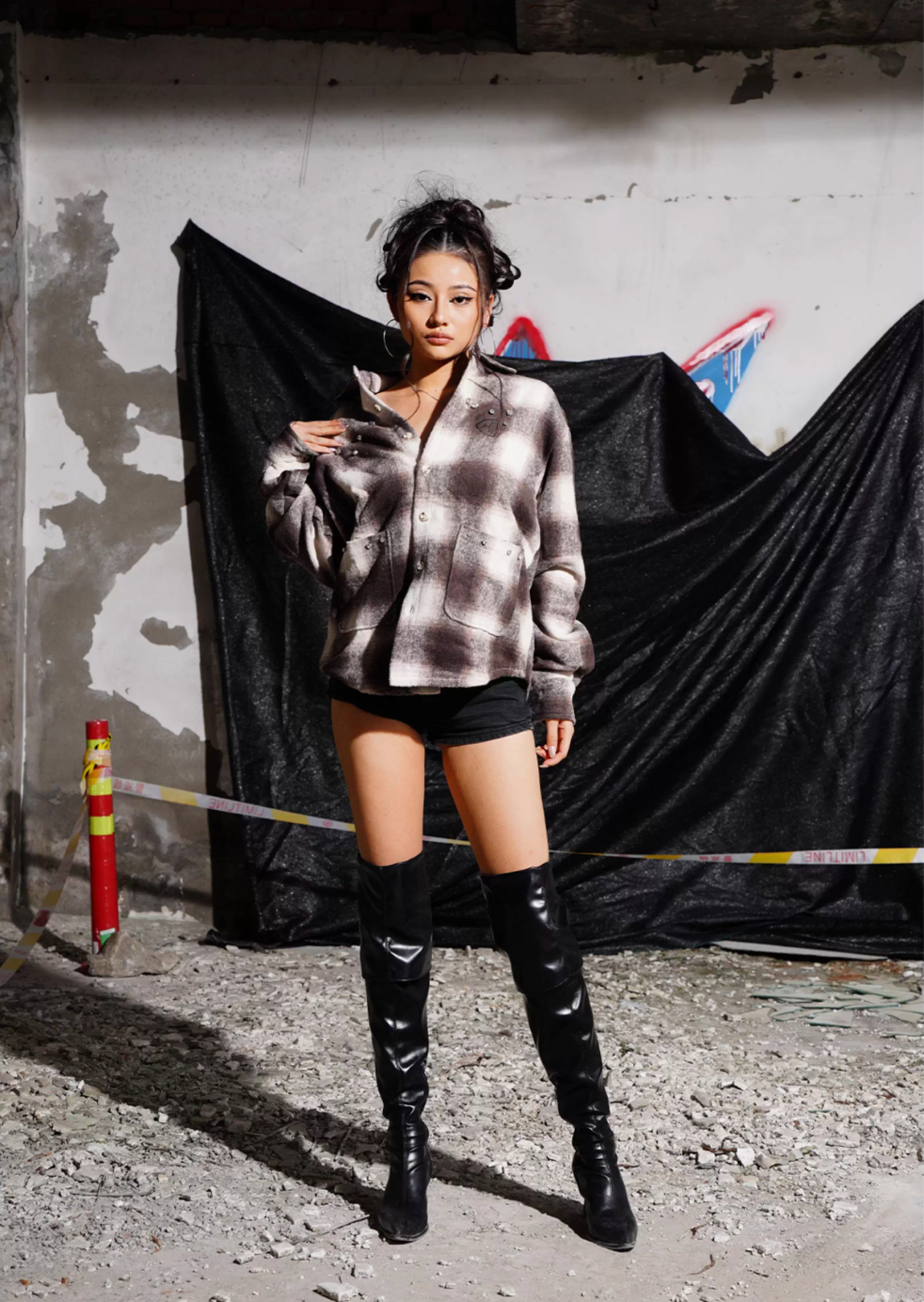 TGFCLUB Plaid Embroidered Rhinestone Long Sleeve Shirt | Face 3 Face