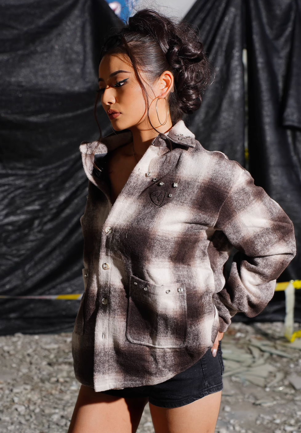 TGFCLUB Plaid Embroidered Rhinestone Long Sleeve Shirt | Face 3 Face